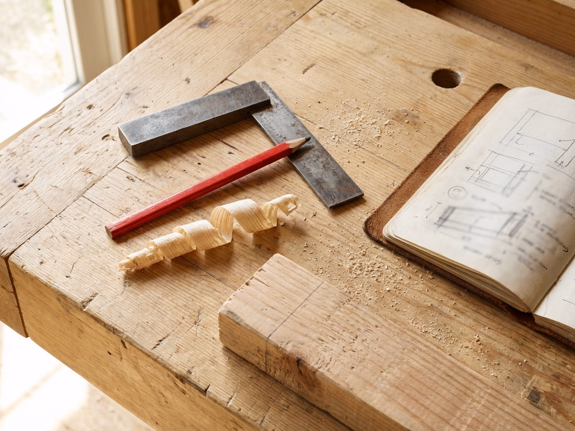 Amish craftsman workbench with carpenter square, pencil marks, and wood shavings