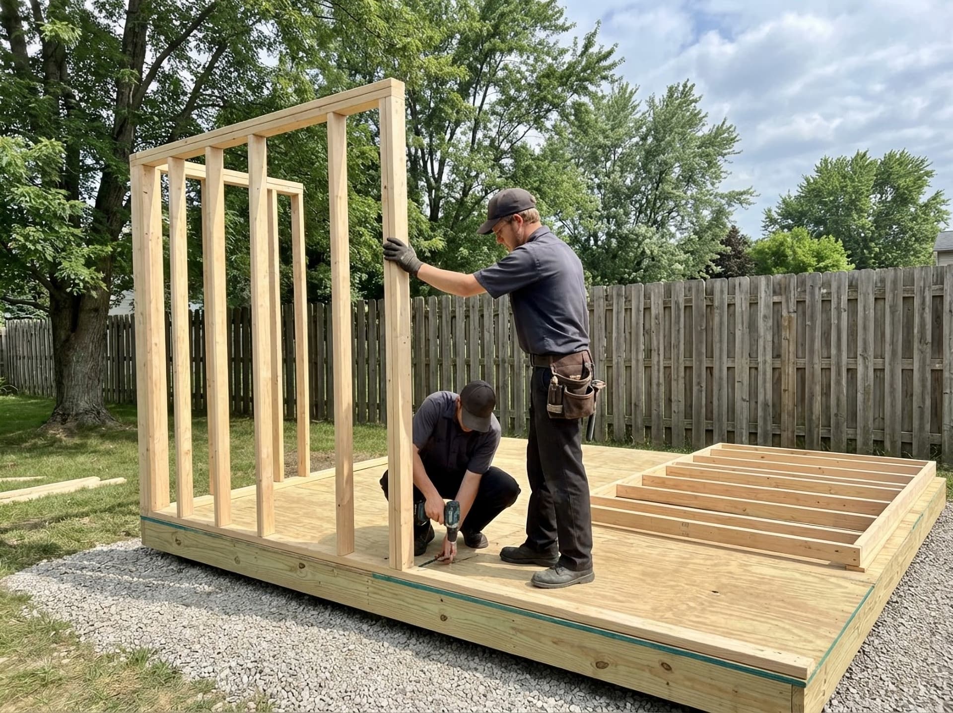 Two workers framing a shed wall on-site in a customer backyard