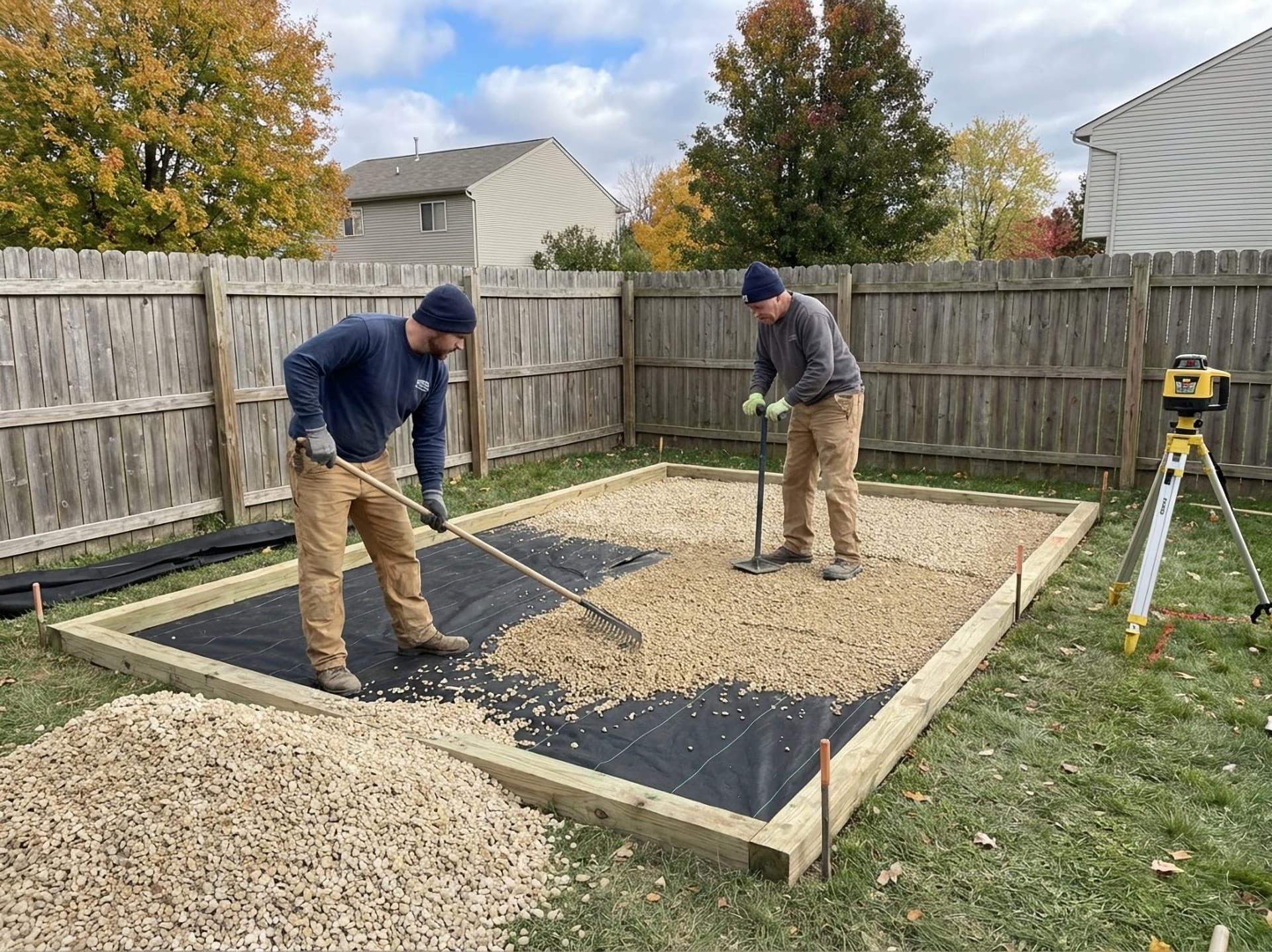 Workers raking and leveling a gravel pad with a laser level to prepare a shed foundation