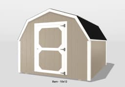 Small tan barn with white trim, 10x12 size.