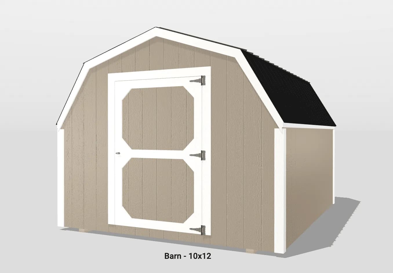 Small tan barn with white trim, 10x12 size.