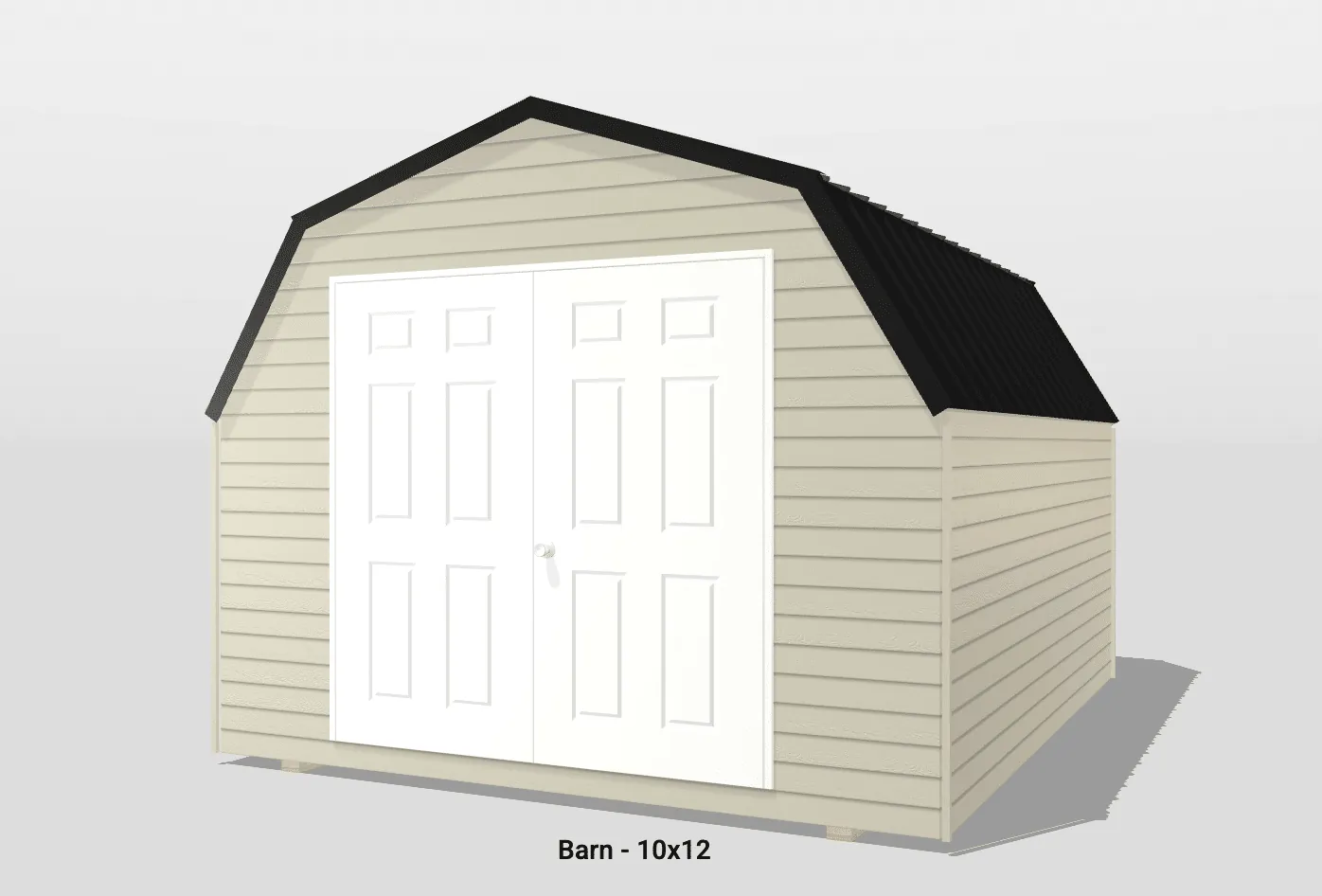 Small beige barn with white doors, 10x12 size.