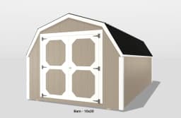 Beige barn with black roof, double doors.