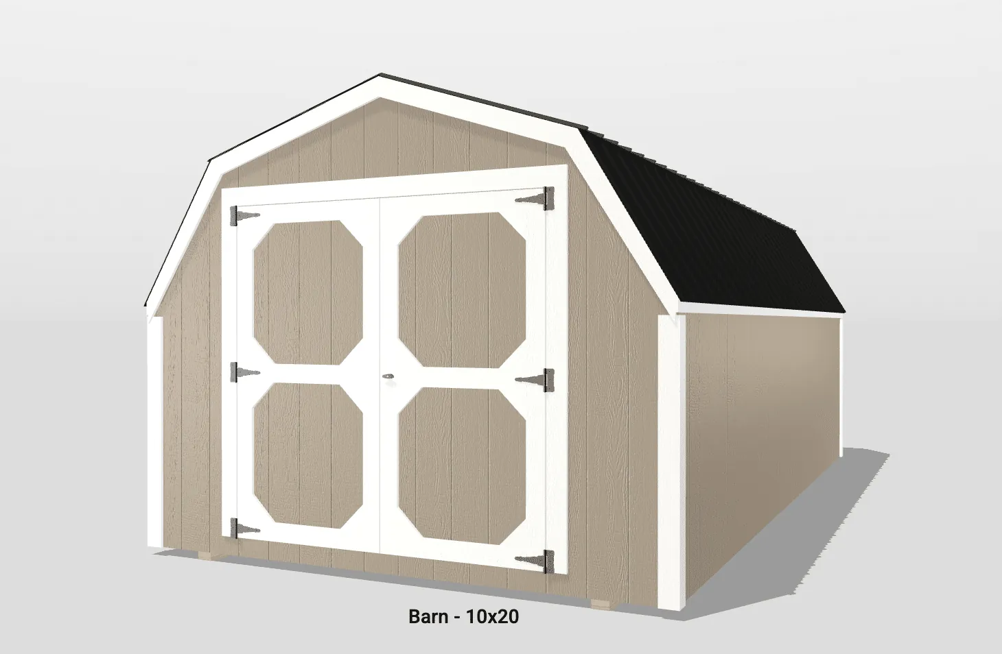 Beige barn with black roof, double doors.