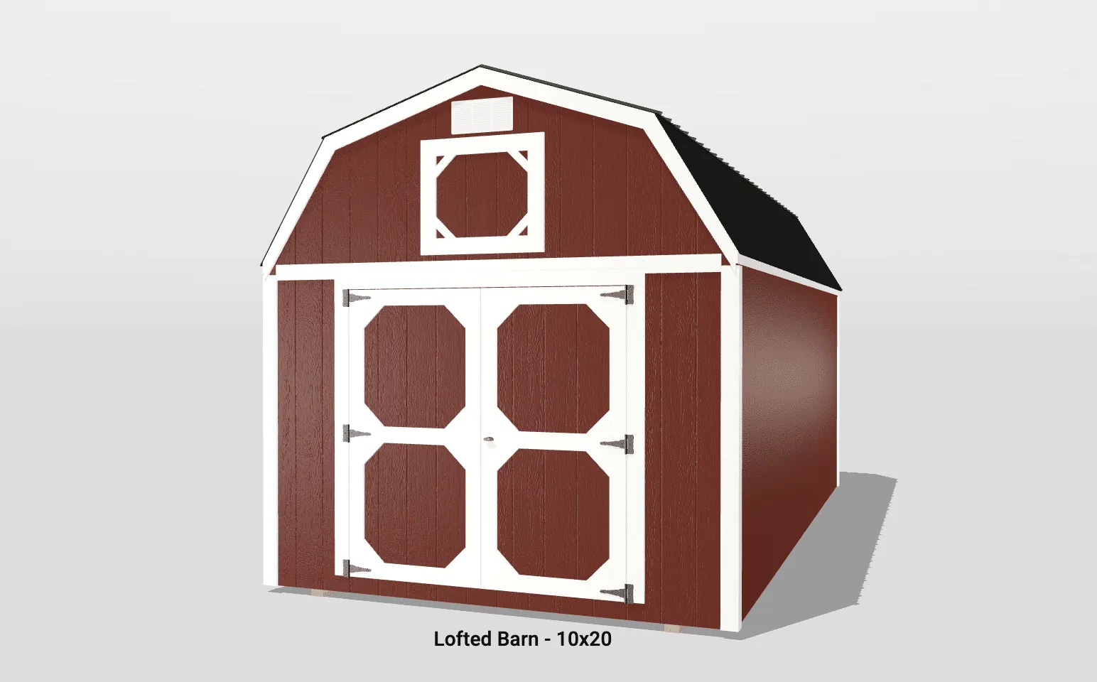 Lofted red barn with white trim, 10x20 size.