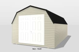 Beige barn shed with double doors, 10x20 size.