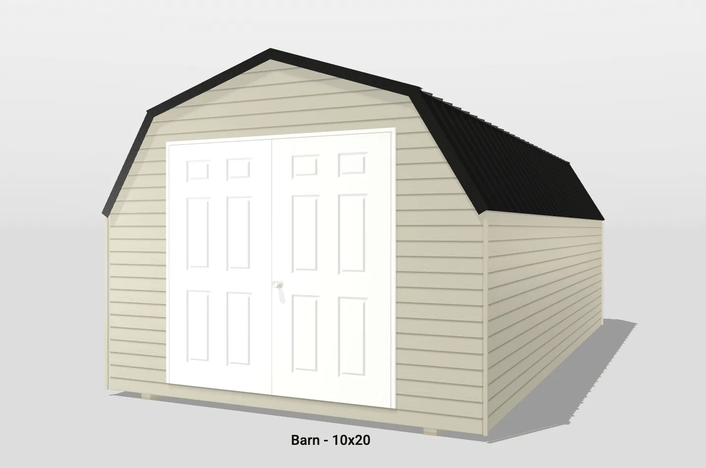 Beige barn shed with double doors, 10x20 size.