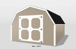 12x16 barn with white doors and black roof.