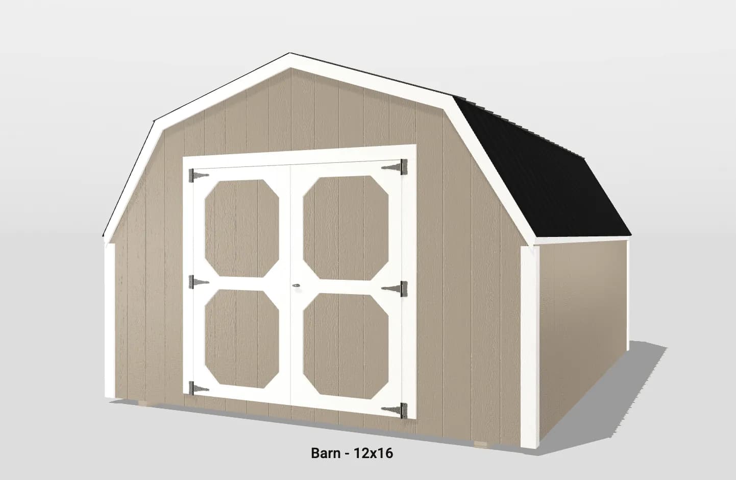 12x16 barn with white doors and black roof.