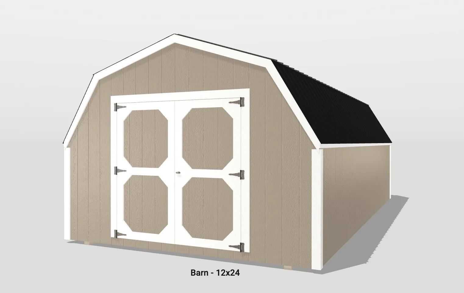 12x24 barn with double doors and black roof.