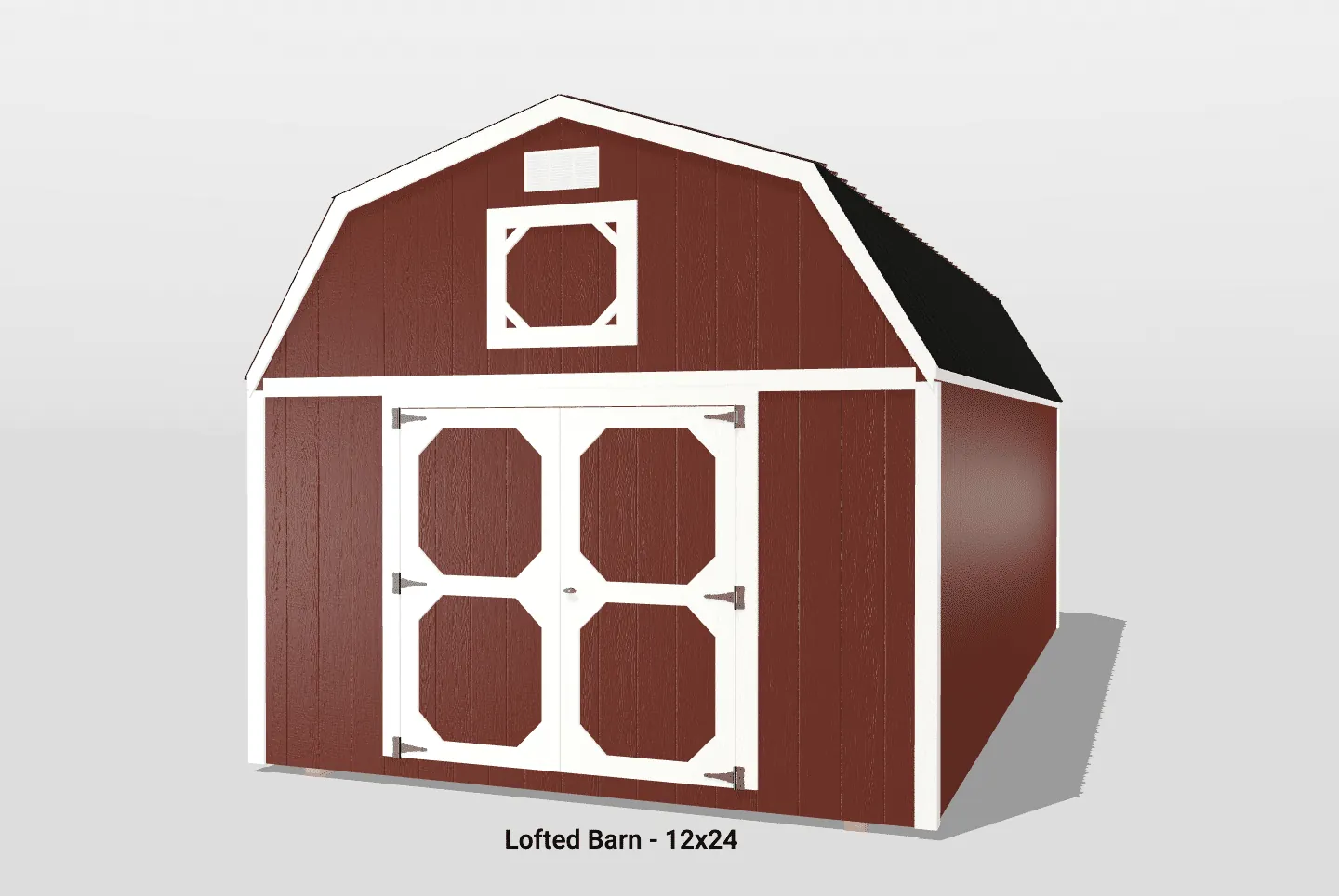 Red lofted barn with white trim, 12x24 size
