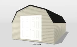 Beige barn exterior with black roof, two doors.