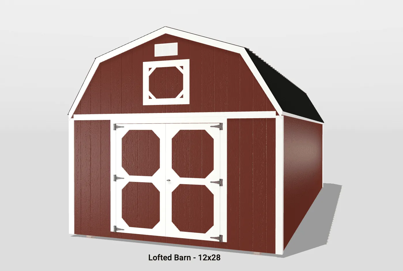 Red lofted barn structure, 12x28 dimensions.