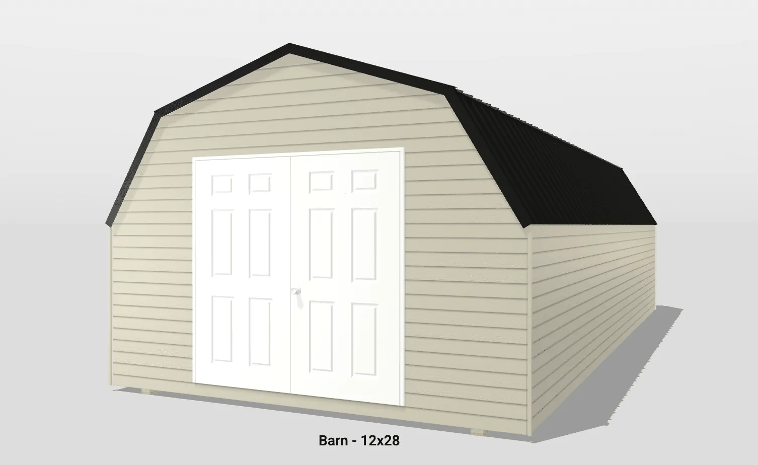 Large beige barn storage shed with white doors.
