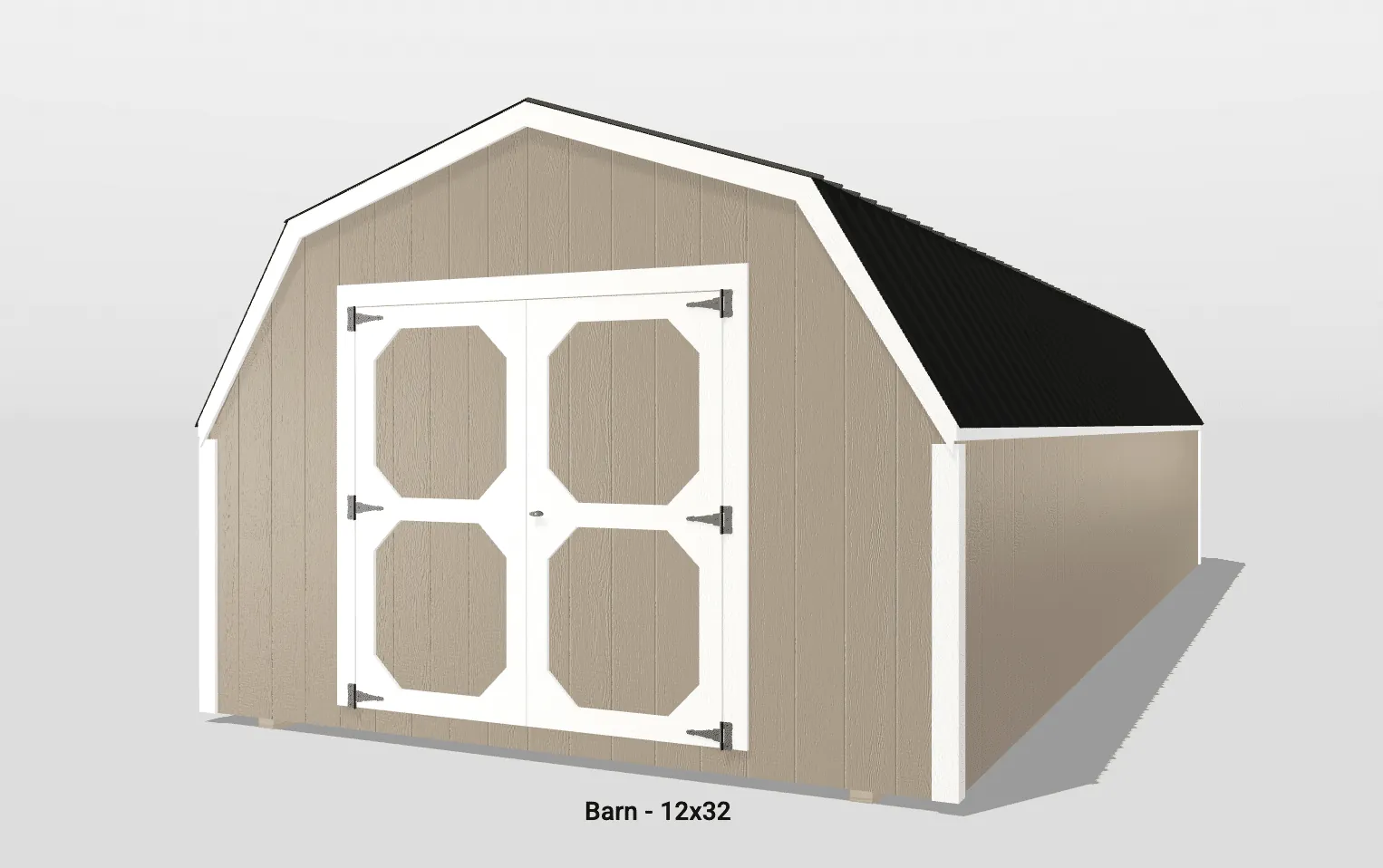 Tan barn with black roof, 12x32 dimensions.