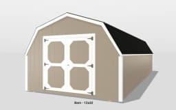 Tan barn with black roof, 12x32 dimensions.