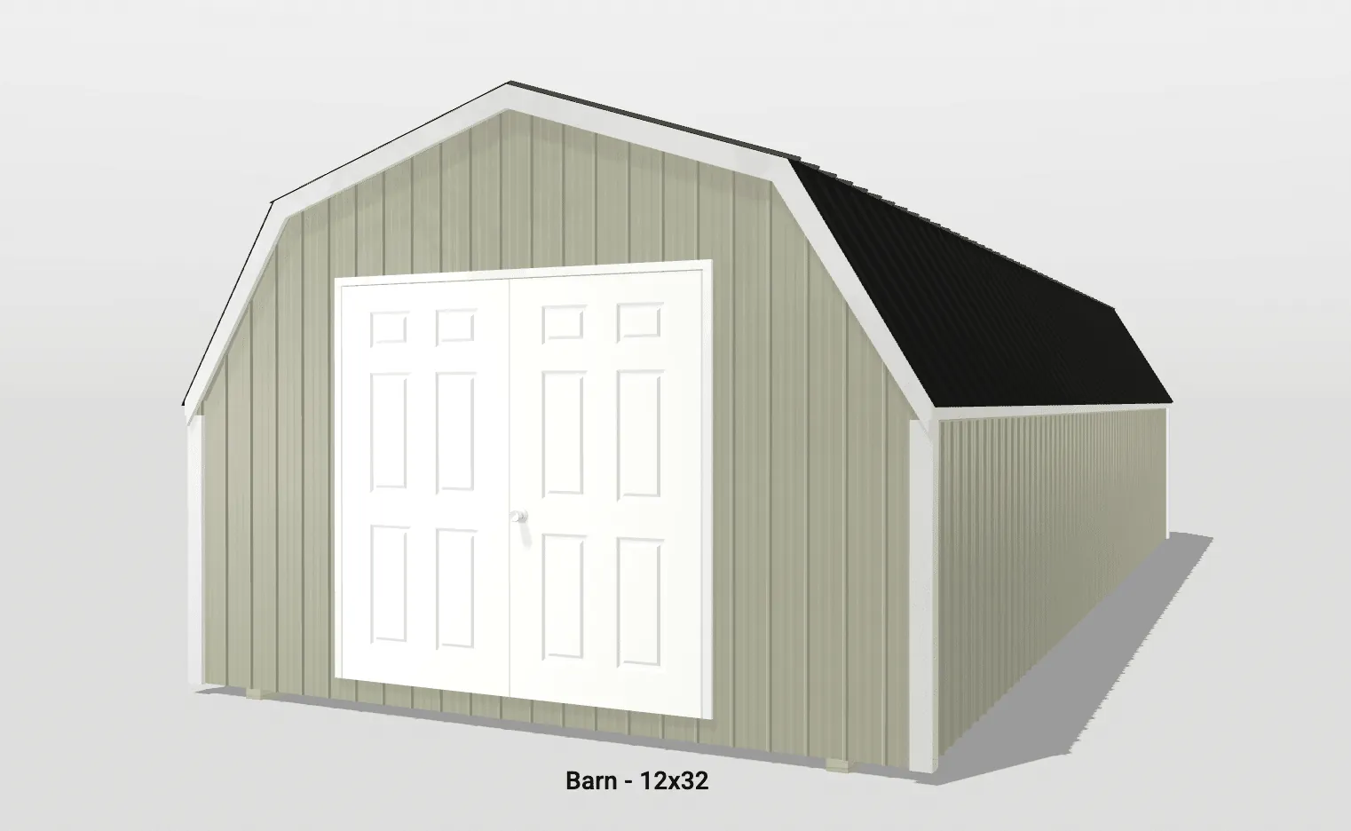 12x32 beige barn with black roof.