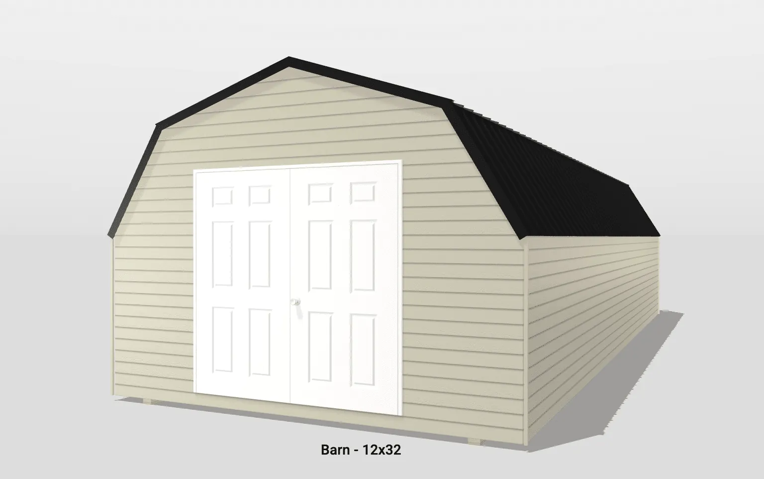 Beige storage barn with black roof, double doors.