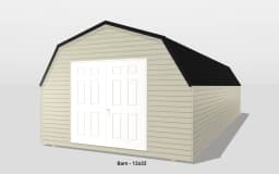Beige storage barn with black roof, double doors.
