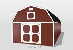 Red lofted barn with double doors, 14x40.