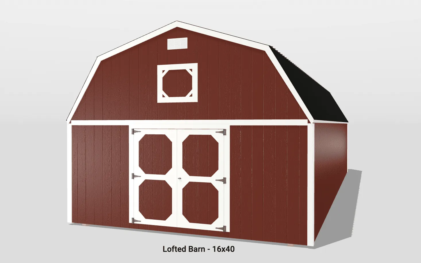Red lofted barn with white trim, 16x40.
