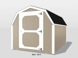 Tan barn with black roof, size 8x12.