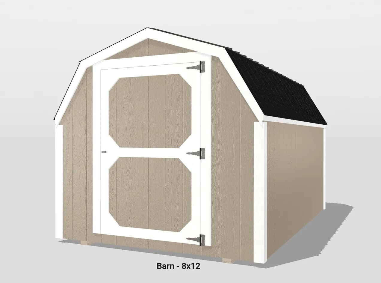 Tan barn with black roof, size 8x12.