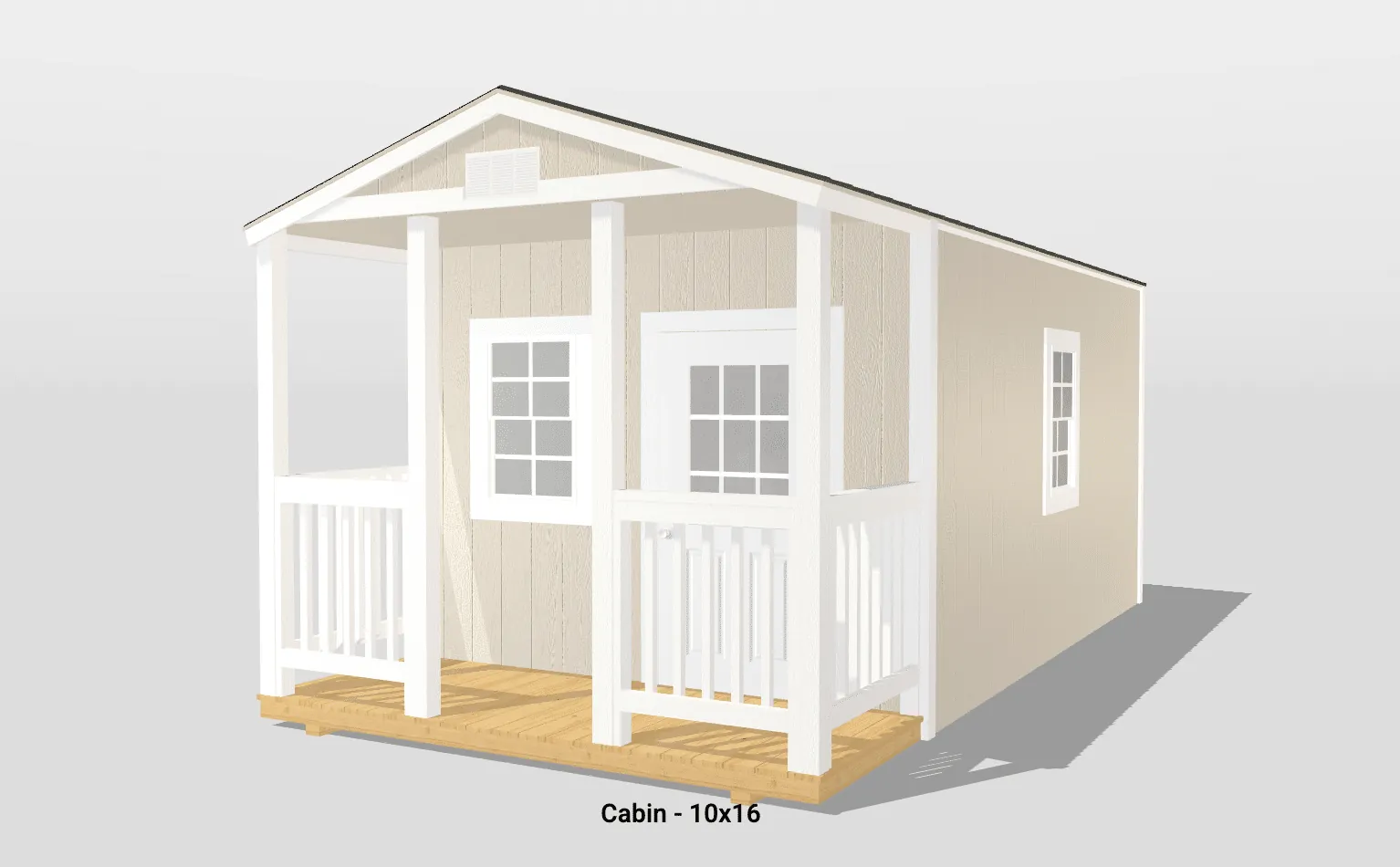 Beige cabin with porch, 10x16 dimensions.