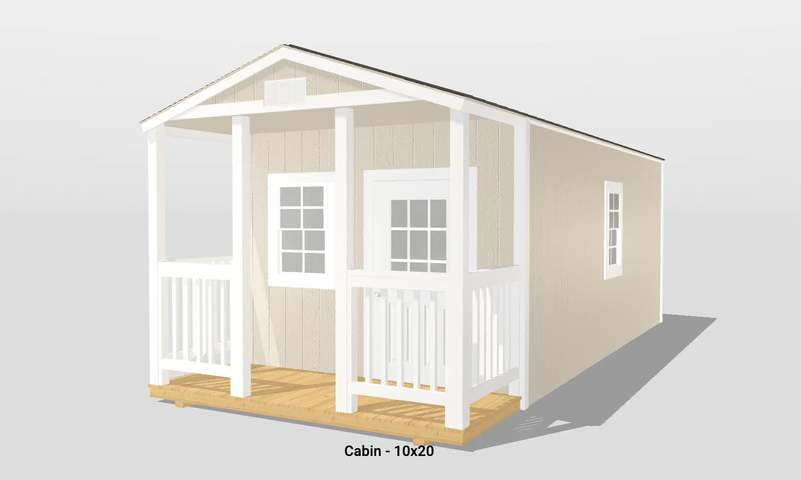 Small beige cabin with porch, 10x20 dimensions.