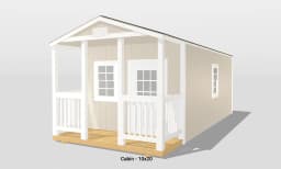Small beige cabin with porch, 10x20 dimensions.