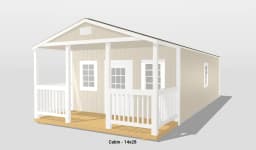 Prefab cabin with porch, beige siding.