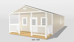 Rendered image of a small beige cabin with porch.