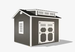 Gray wooden shed with white trim and windows.