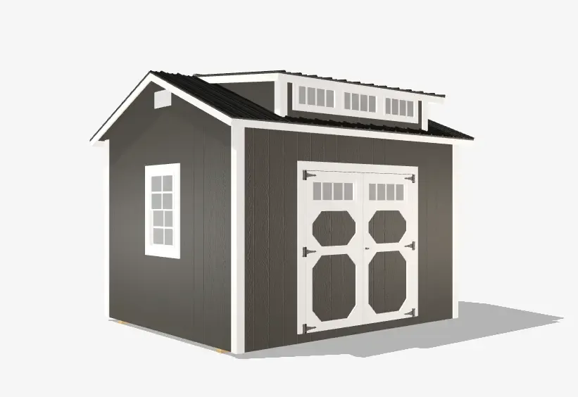 Gray wooden shed with white trim and windows.