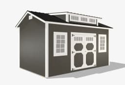 Gray outdoor shed with white trim and windows.