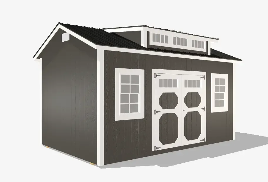 Gray outdoor shed with white trim and windows.