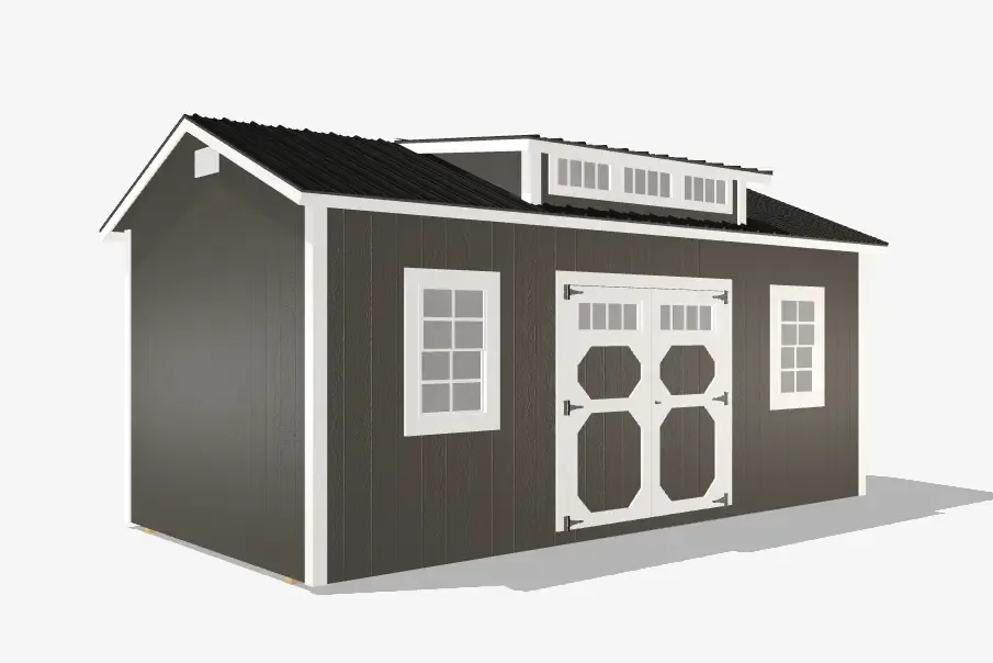 Modern dark shed with white trim and windows.