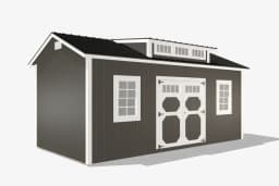 Modern dark shed with white trim and windows.