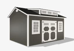 Modern gray shed with windows and double doors.