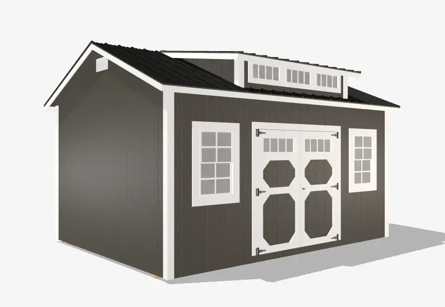 Modern gray shed with windows and double doors.