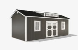 Dark gray barn with white windows and doors.