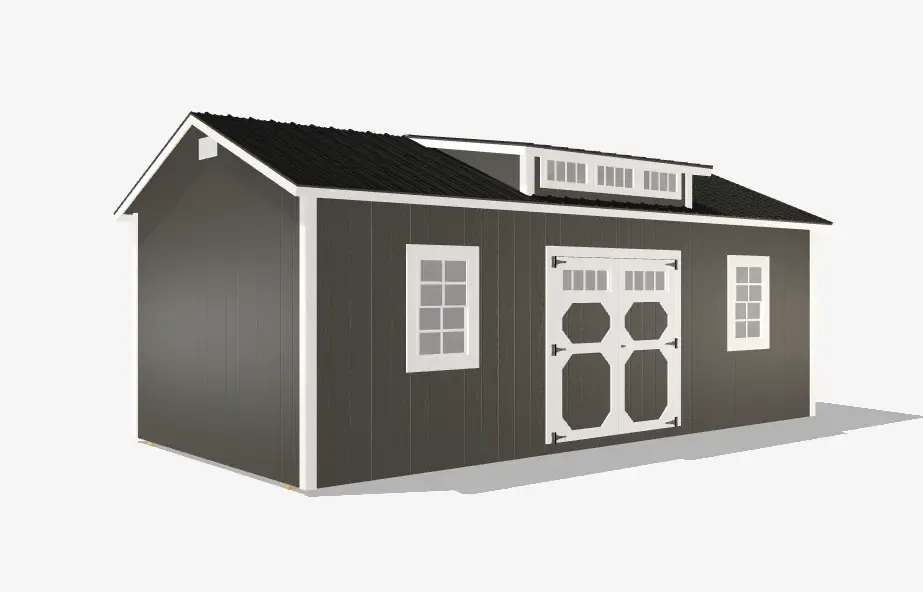 Dark gray barn with white windows and doors.