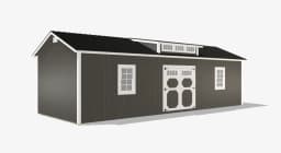 Gray wooden shed with white trim and windows.