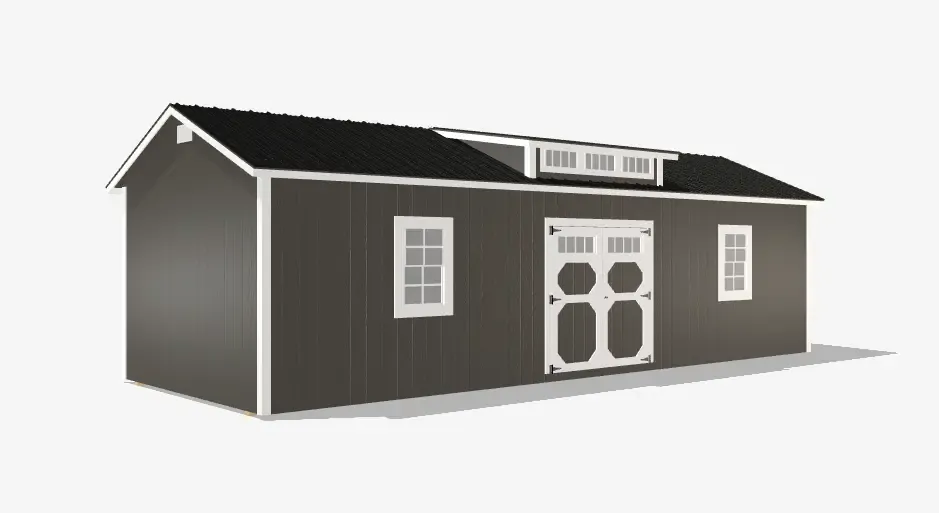 Gray wooden shed with white trim and windows.