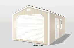 Beige 12x20 garage with white door and window.