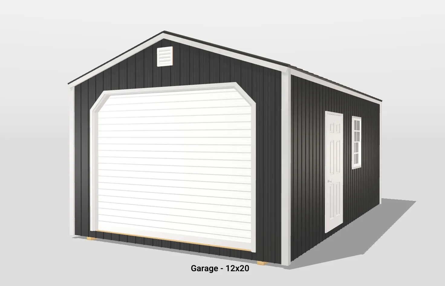 12x20 black garage with white trim
