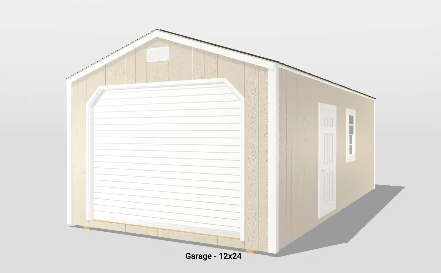 Beige 12x24 garage with white doors and window.