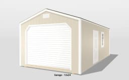 Beige 12x24 garage with white doors and window.