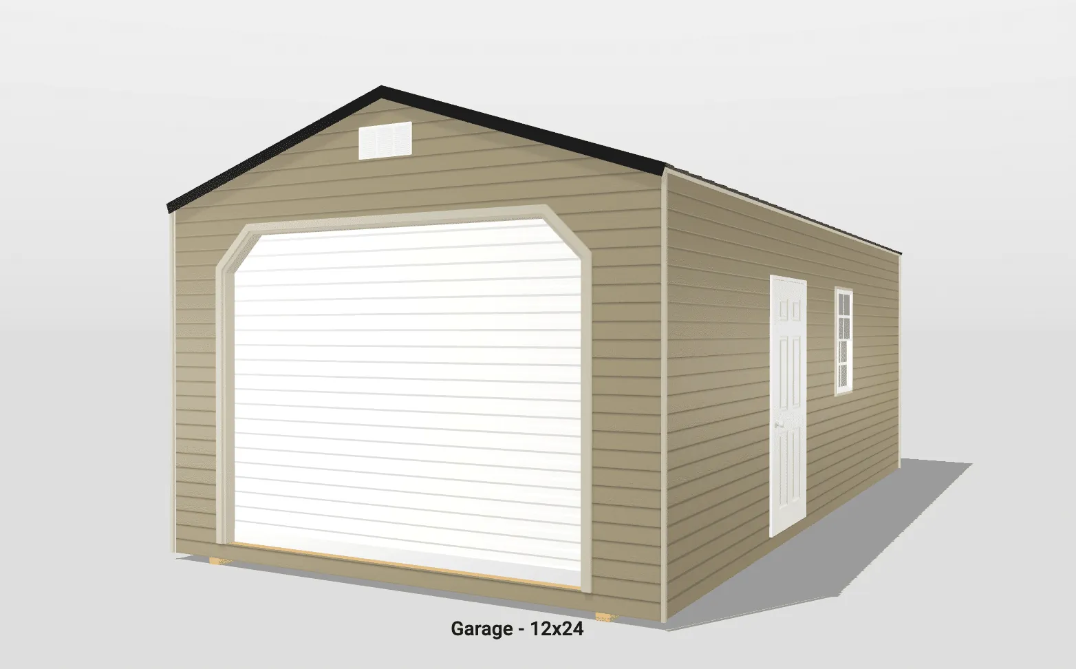 Tan garage with white door, 12x24 dimensions.