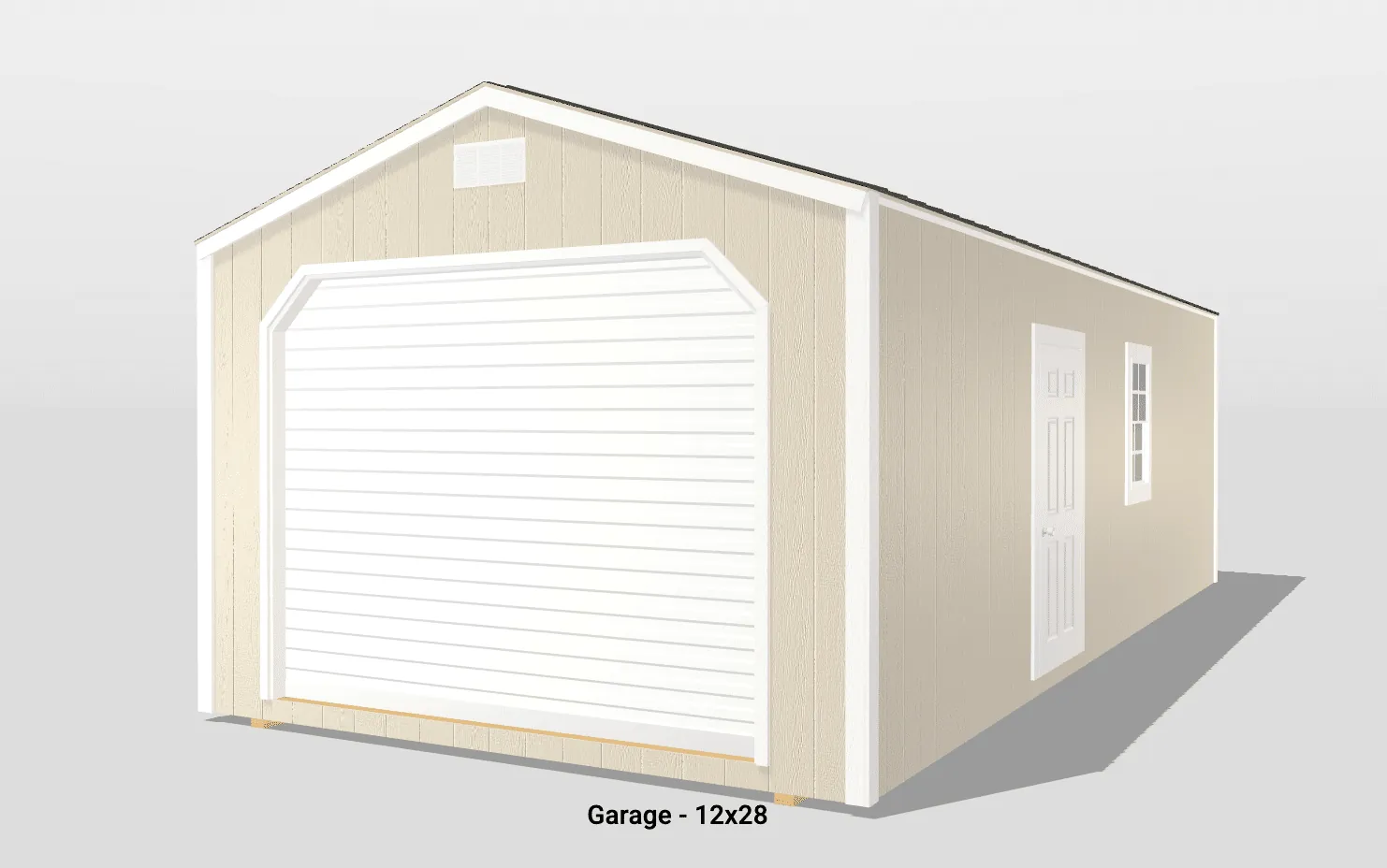 Beige garage with white door, size 12x28